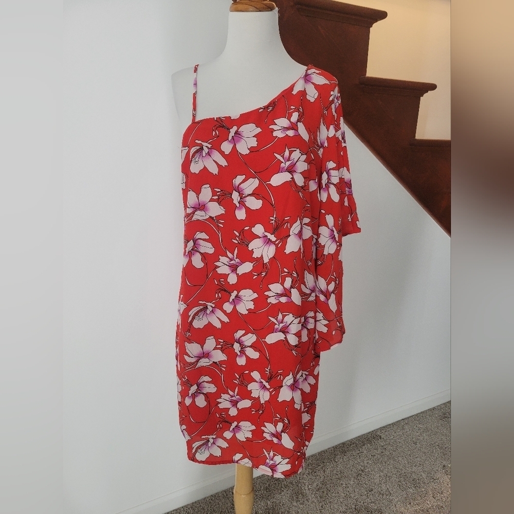 Monteau red‎ floral asymmetrical one shoulder dress Size L